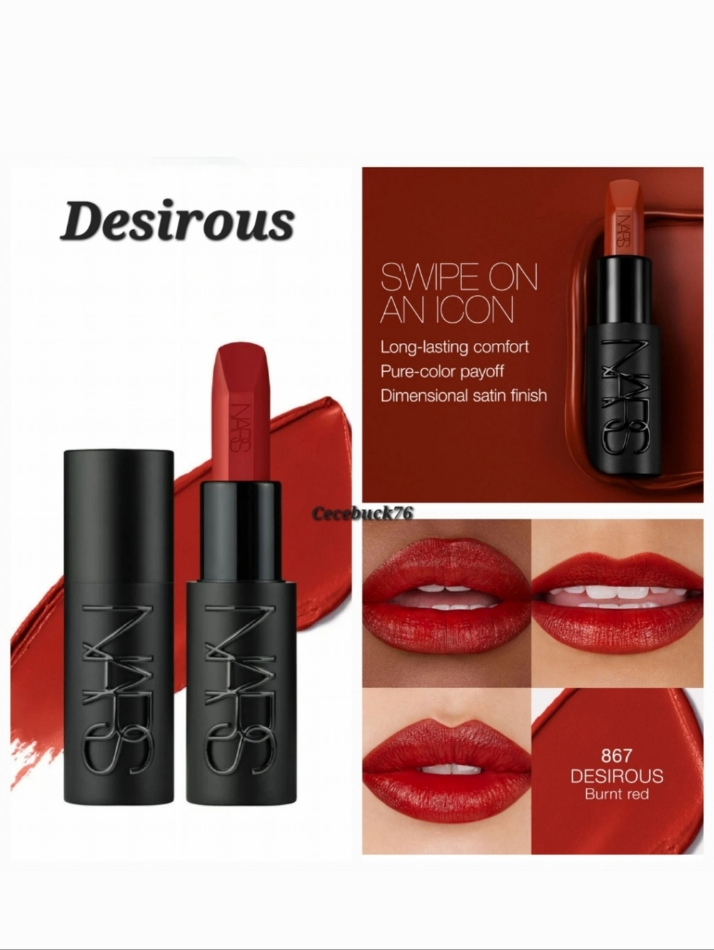 🌺NARS Desirous Explicit Lipstick Long Wear  Red Lipstick Satin Lipstick